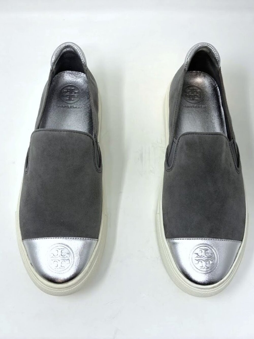 Tory Burch Grey Suede Metallic Silver Cap-Toe Slip-On Platform Sneakers Size 7.5